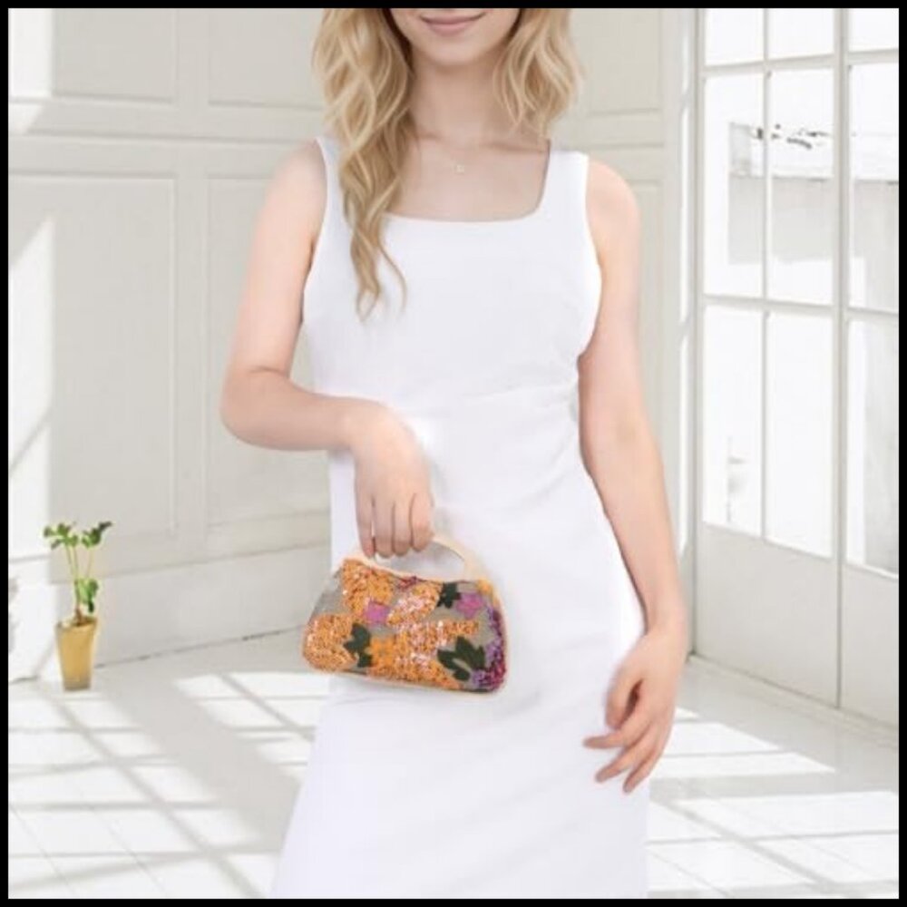 Floral Embroidery Sequin Clutch Evening Bag Elegant Formal Party Wood Handle - Picture 3 of 7